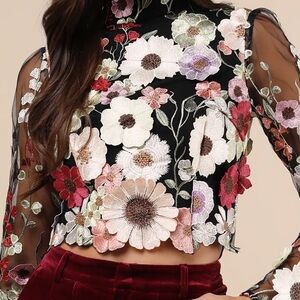 Lulu's Black Sheer Top with Floral Embroidery